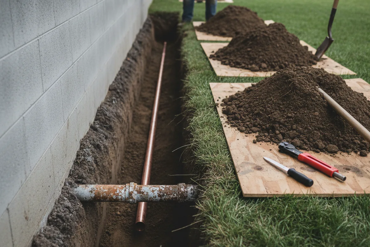 Excavated water line trench during Water Softener Installation in Canby